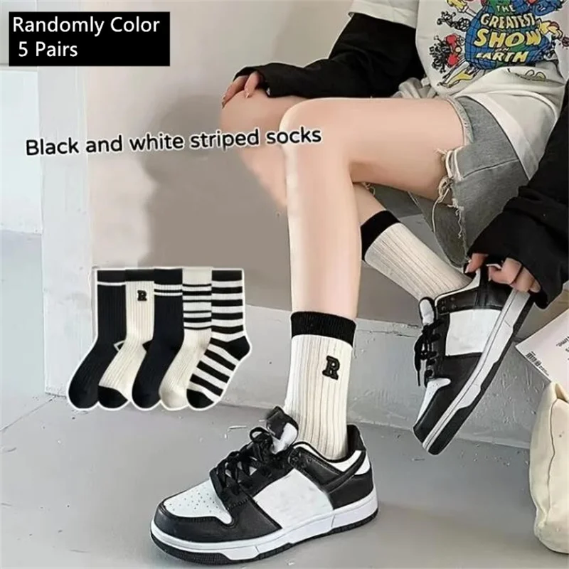 5pairs Combed Embroidered Letter Big R College Style Women\'s Sports Socks Stockings ,woman Socks In All Seasons Fashion Sock