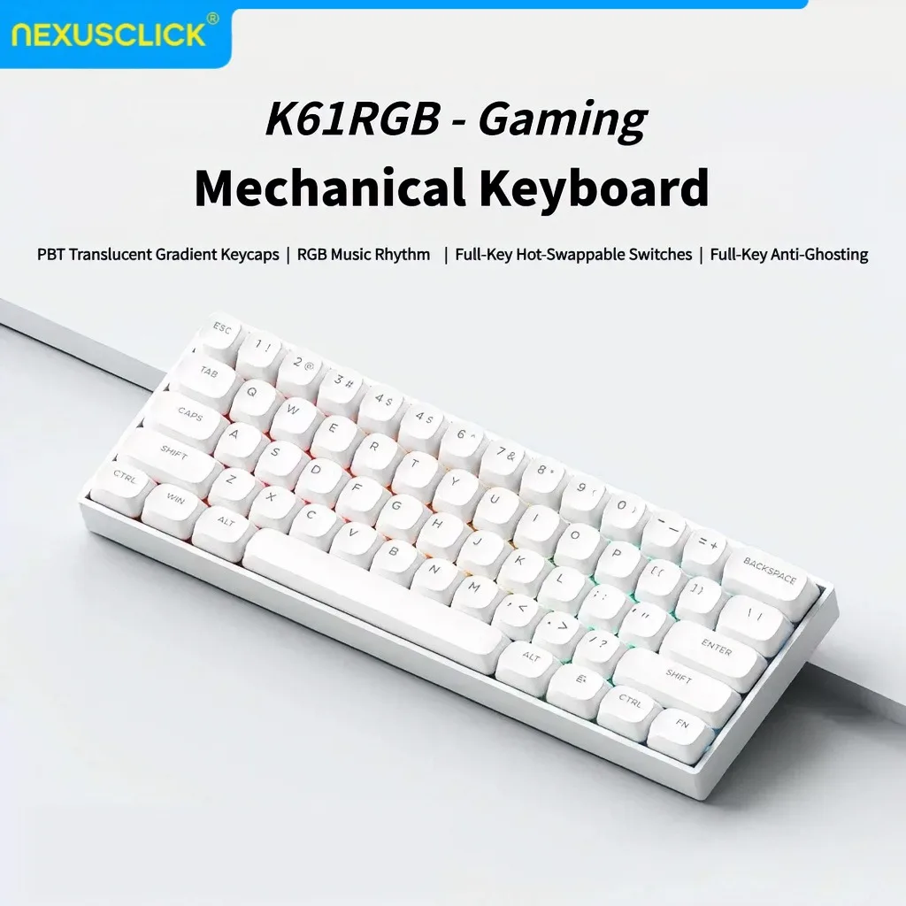 NexusClick K61 Brown Switch Gaming Keyboard, Mechanical Wired for Pro Esports,Hot Swappable RGB Backlit PBT Keycaps for PC Gamer