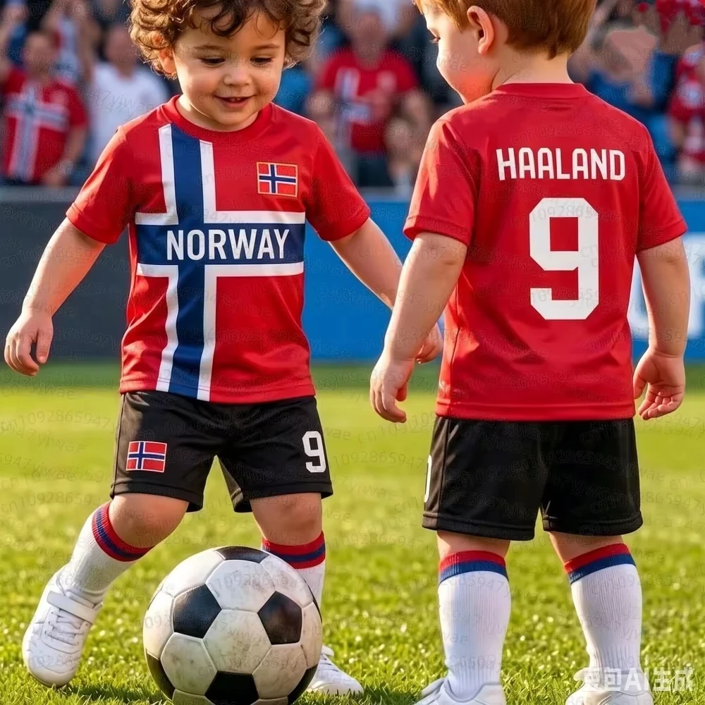 Adult Kids HAALAND No.9 Football Jersey Tee Shorts Set Norway Football Fans Shirt Shorts Set Kids Tracksuit 2 Piece Set