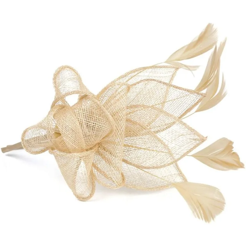 أحدث قبعة نسائية أنيقة بحزام على شكل زهرة وريشة للحفلات ومشبك شعر وإكسسوارات عقال للنساء (ذهبي، مقاس واحد)