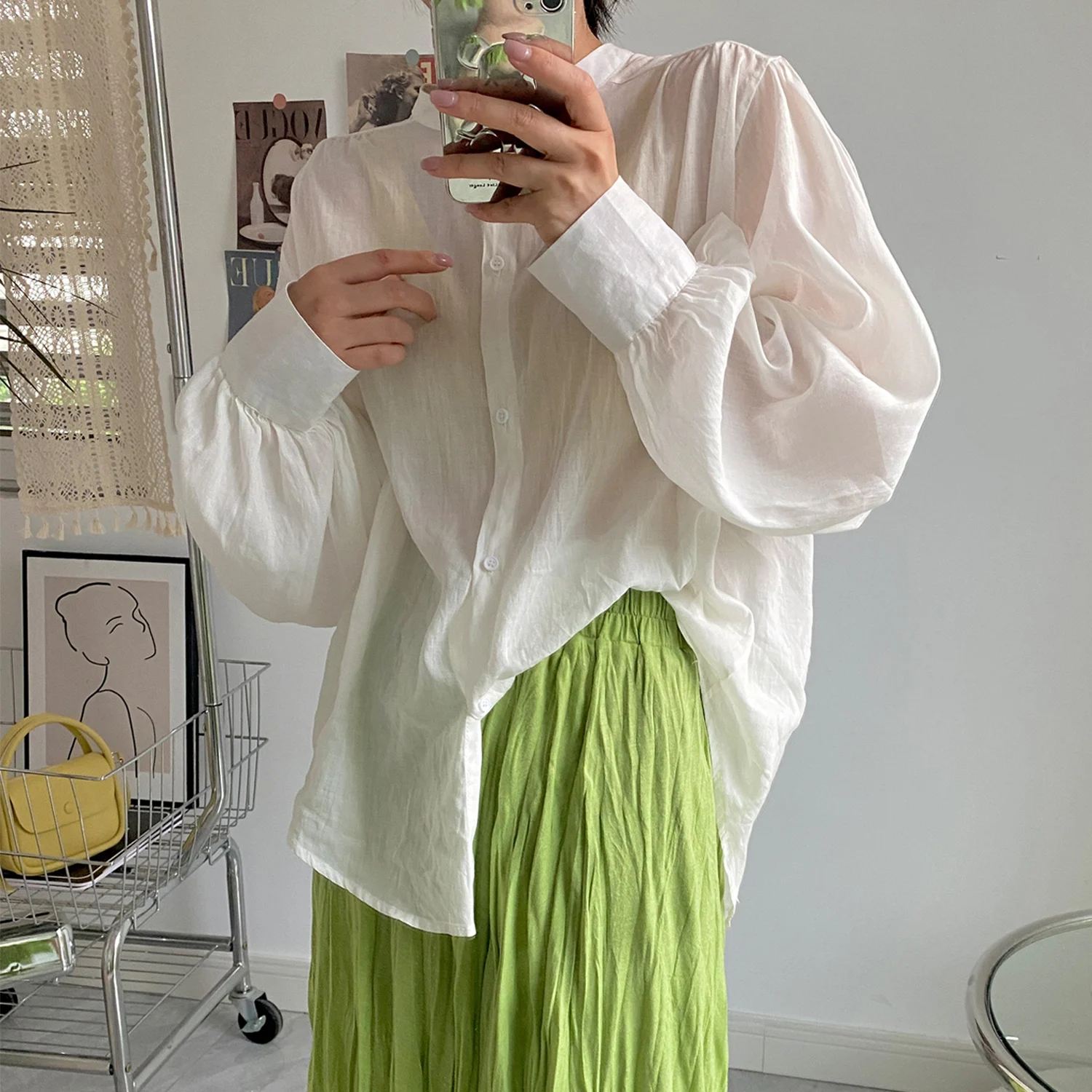 

Женская летняя повседневная комфортная верхняя одежда из хлопка с круглым вырезом и длинными рукавами-фонариками, стильный дизайн