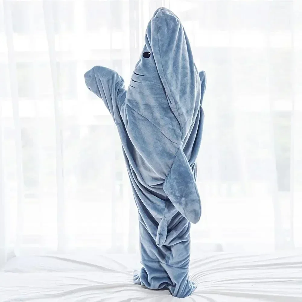 Wearable Gray Blue Shark Blanket Cosplay Hoodie Home Women Men Fleece With Sleeves Soft Cozy Sleeping Bag Pajamas Kid Costume