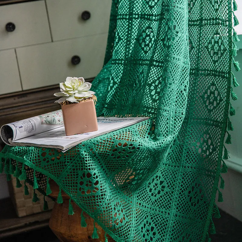 

Christmas Green Curtain for Bedroom Boho Knitted Hollow Out Window Curtain Farmhouse Retro Crochet Sheer Curtains for Livingroom