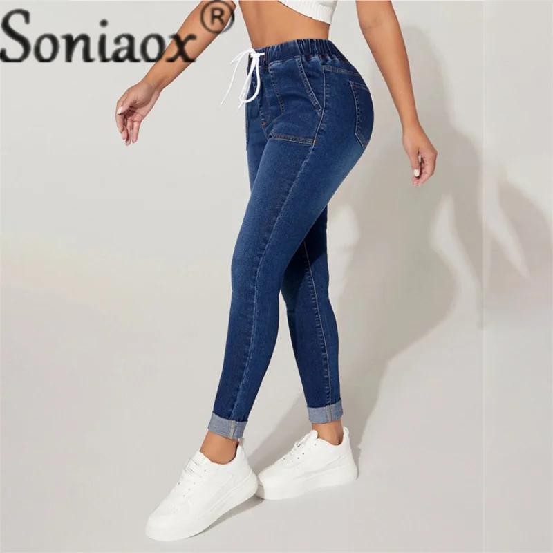 Calça jeans feminina de lápis com bolsos duplos, cintura elástica, com renda, calça de nove minutos, jeans feminina, moda