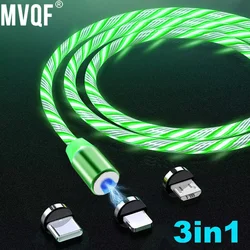 MVQF-cable de carga para teléfono móvil, iluminación luminosa de flujo magnético 3 en 1, cable de carga para Xiaomi LED, Micro USB C para Iphone