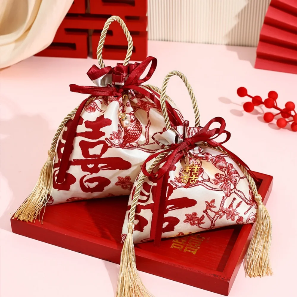 Wedding Candy Bag Charming Velvet Cloth Bag Gift Packaging Bag Reusable Red Flower Bird Candy Box For Weddings Celebrations
