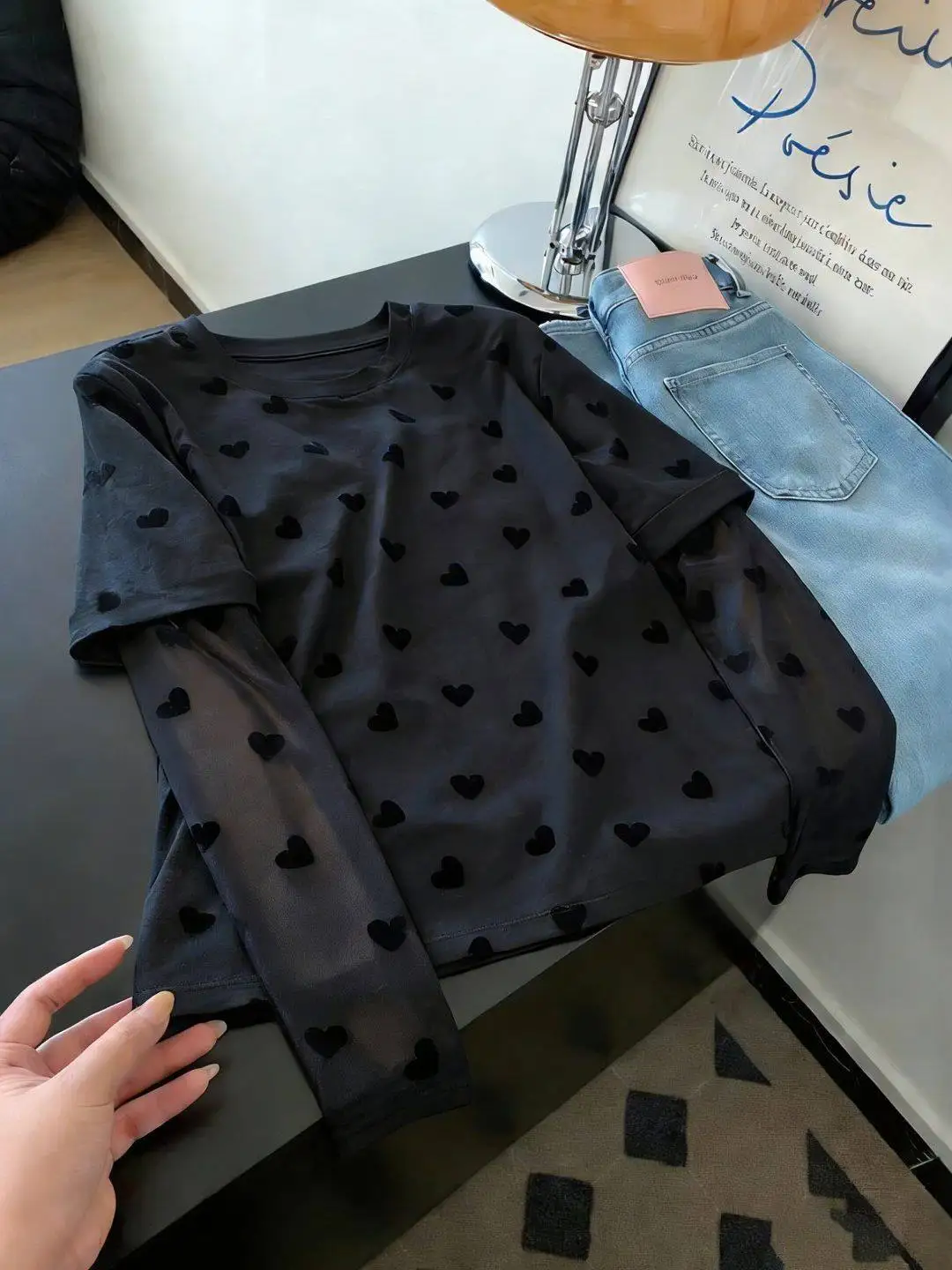 Summer Thin Fashionable Embroidered Heart Top Casual Style Fake Two-Piece Loose Fit Long Sleeve round Neck Women's T-Shirt