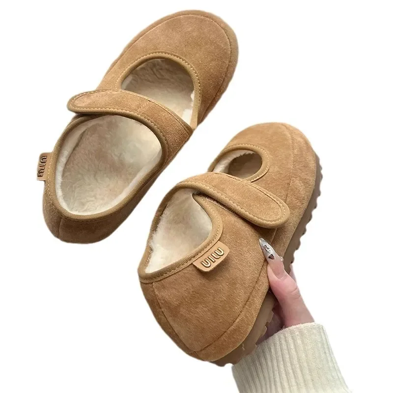 كعب سميك ماري جينس أحذية نسائية مبطنة بالصوف عادية الفراء الانزلاق على الخريف الشتاء المطاط وحيد جولة تو ركاب نمط الأحذية