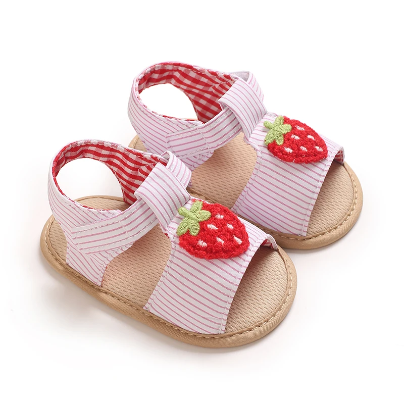 Baby Learning Walk Shoes, Striped Strawberry Ankle Strap Sandals, Soft Breathable Footwear for Infant Girls 0-18 Months