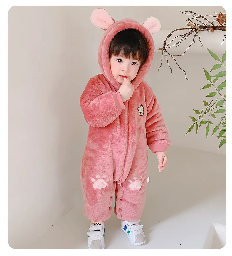 かわいい新生児ロンパースかわいいクマぬいぐるみ幼児女の子オーバーオールジャンプスーツ秋冬暖かいフリースベビー男の子服