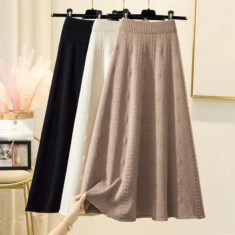 

Elastic High Wiast Knitted Skirts 2023 Autumn Winter Solid Color A-Line Long Skirt Woman Casual Simple Midi Skirts