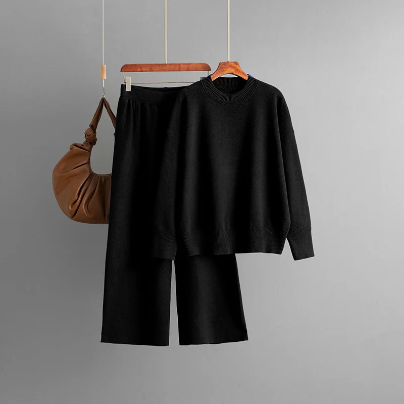 خريف شتاء جديد محبوك السراويل مجموعات النساء س الرقبة طويلة الأكمام سترة القمم Conjuntos الكورية الصلبة عالية الخصر السراويل المستقيمة الزي #5