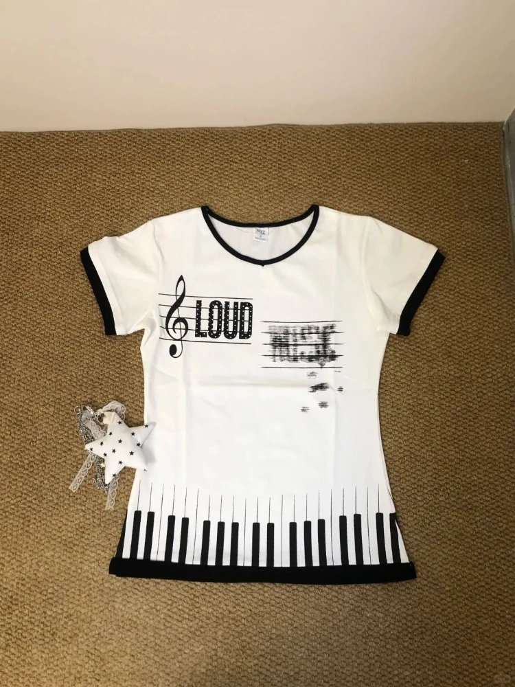 Subculture Y2K Sweet Piano Key Pattern Music T-shirt Slim Fit Straight Shoulder Short Sleeves Women's Summer New Fashion Tops