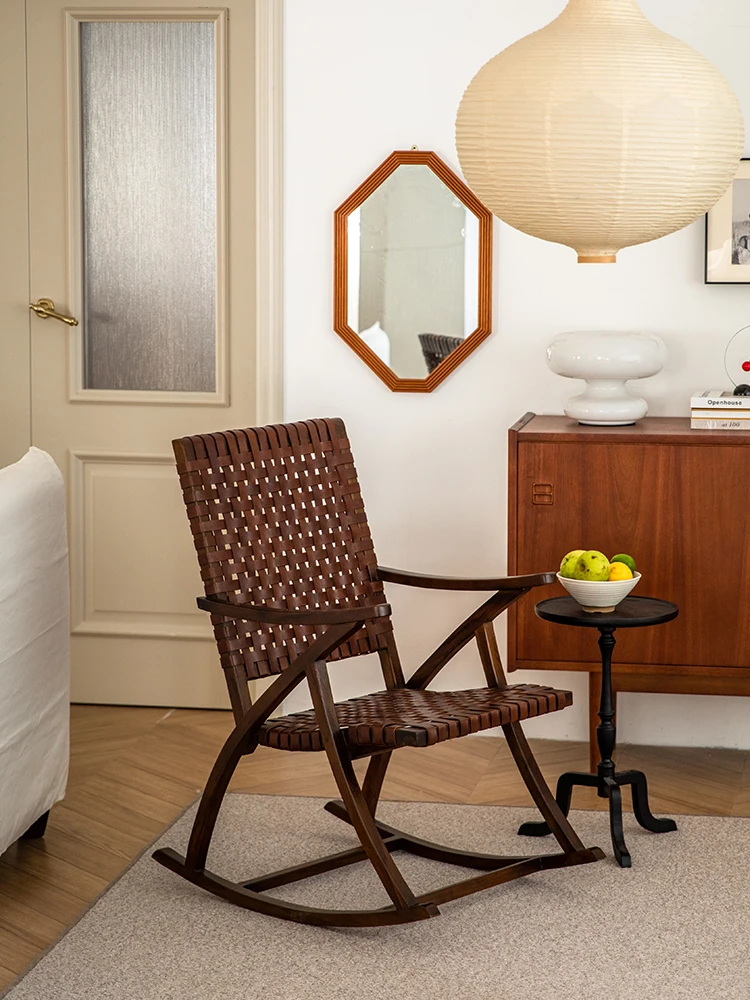 كرسي هزاز من الخشب الصلب للمنزل ، كرسي بذراعين من جلد البقر الساج ، غرفة معيشة ، صالة ، شرفة ، منزل #2