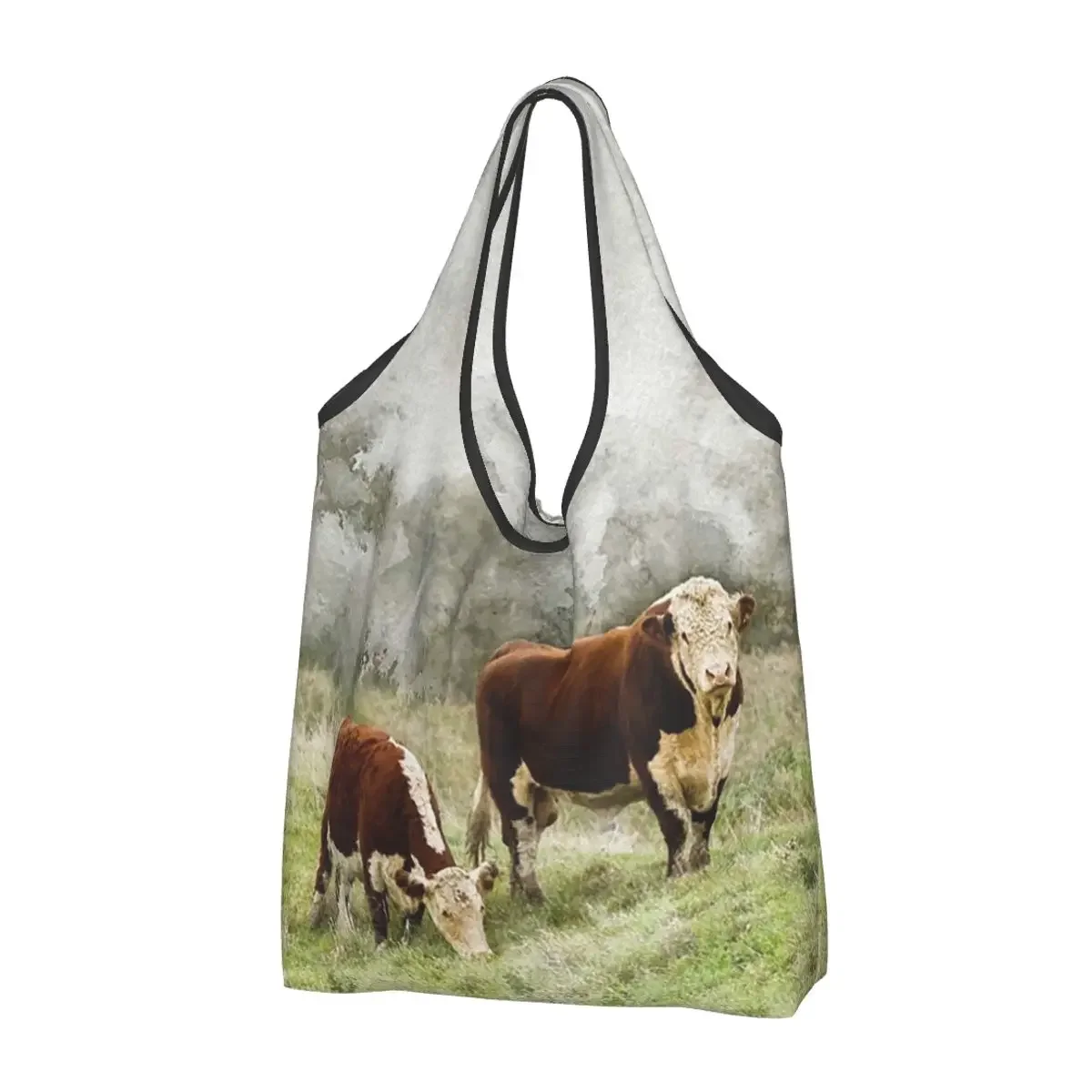 

Hereford Bull And Cow акварельная фотография портативная сумка-тоут для покупок складная сумка-шоппер продуктовая сумка сумка через плечо