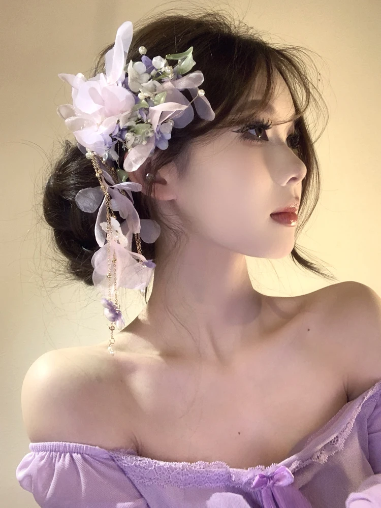 

Шпилька для волос с фиолетовым цветком и кисточкой, шаг ake Hanfu, головные уборы для сестры, Sli, весна-лето, Новое поступление, Sweet Sle