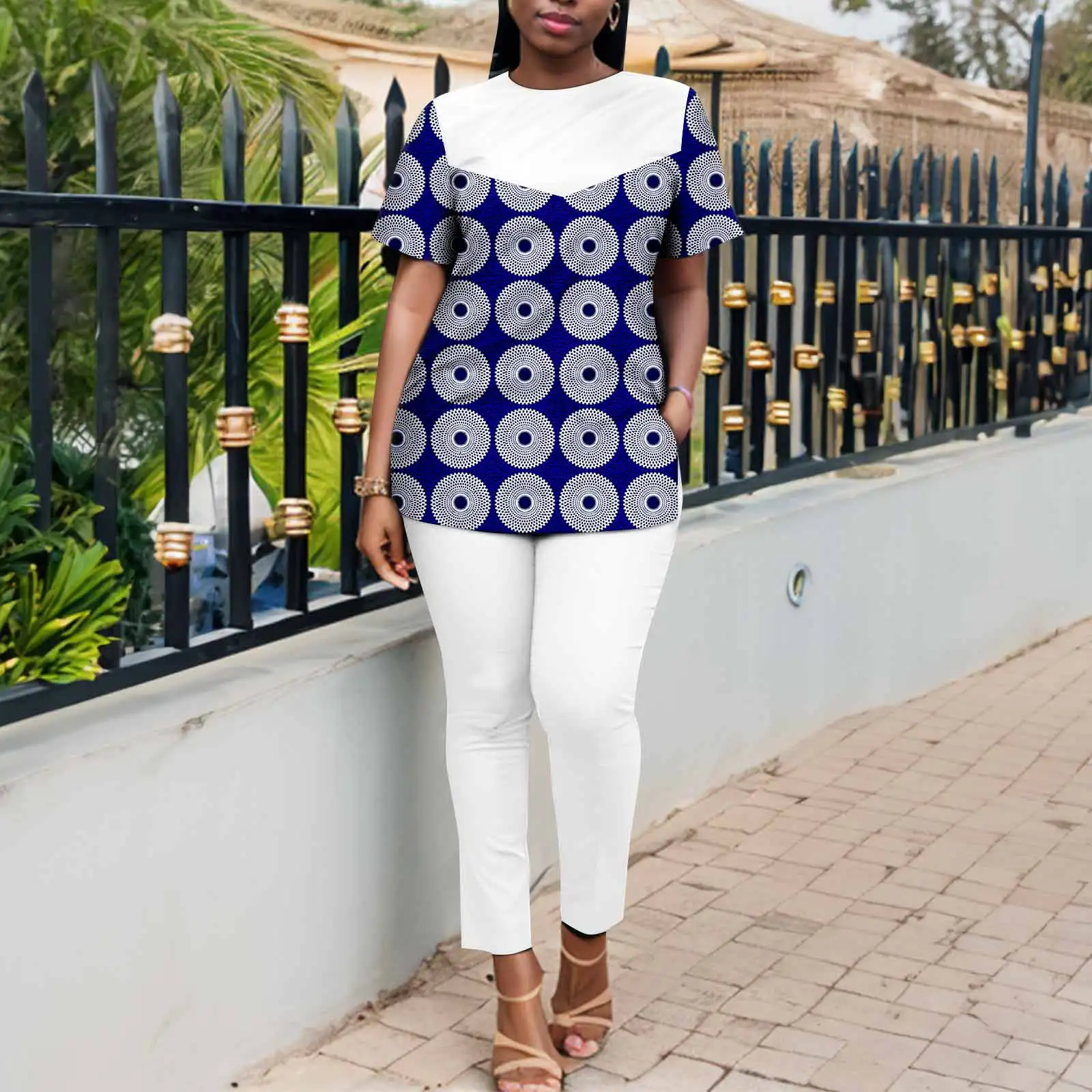 African American Women Ankara Printed Fabric Set Short Sleeve Top Stylish Casual With Solid Pants A2326006