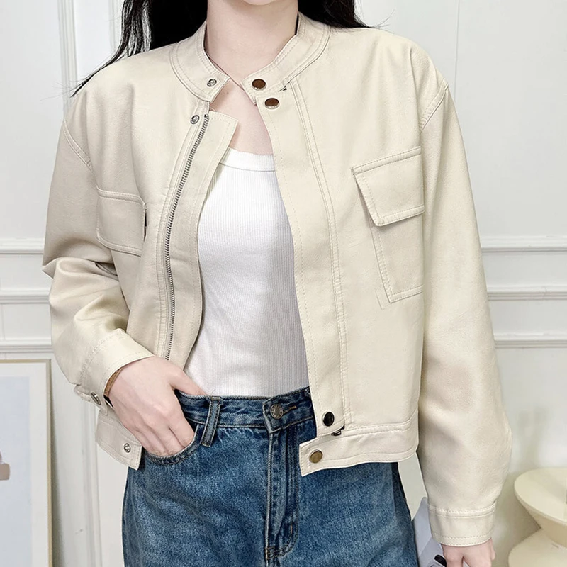 เสื้อแจ็คเก็ตหนังเทียมสไตล์วินเทจ Y2K สำหรับผู้หญิง คอตั้ง ซิปหน้า ทรงหลวม สไตล์อเมริกัน สำหรับฤดูใบไม้ผลิและฤดูใบไม้ร่วง