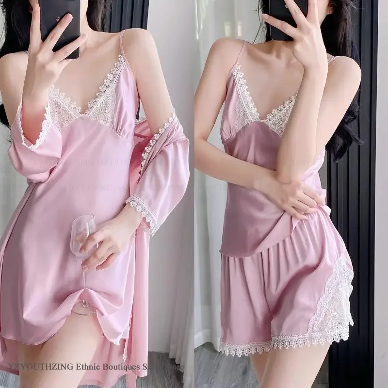 

Summer New Women 4PCS Pajamas Set Home Clothes Sexy Lace Nightgown Cami Shorts Pijamas Suit Loose Silky Satin Sleepwear Homewear
