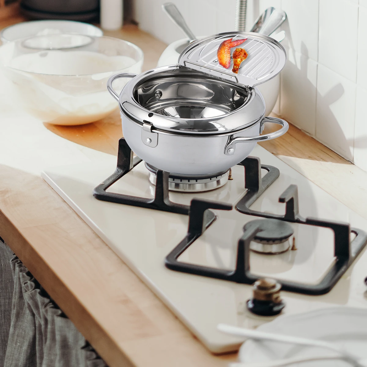 

Flip Lid Fryer Stainless Steel Oil Pot Heat Resistant Lightweight Portable Kitchen Cooker