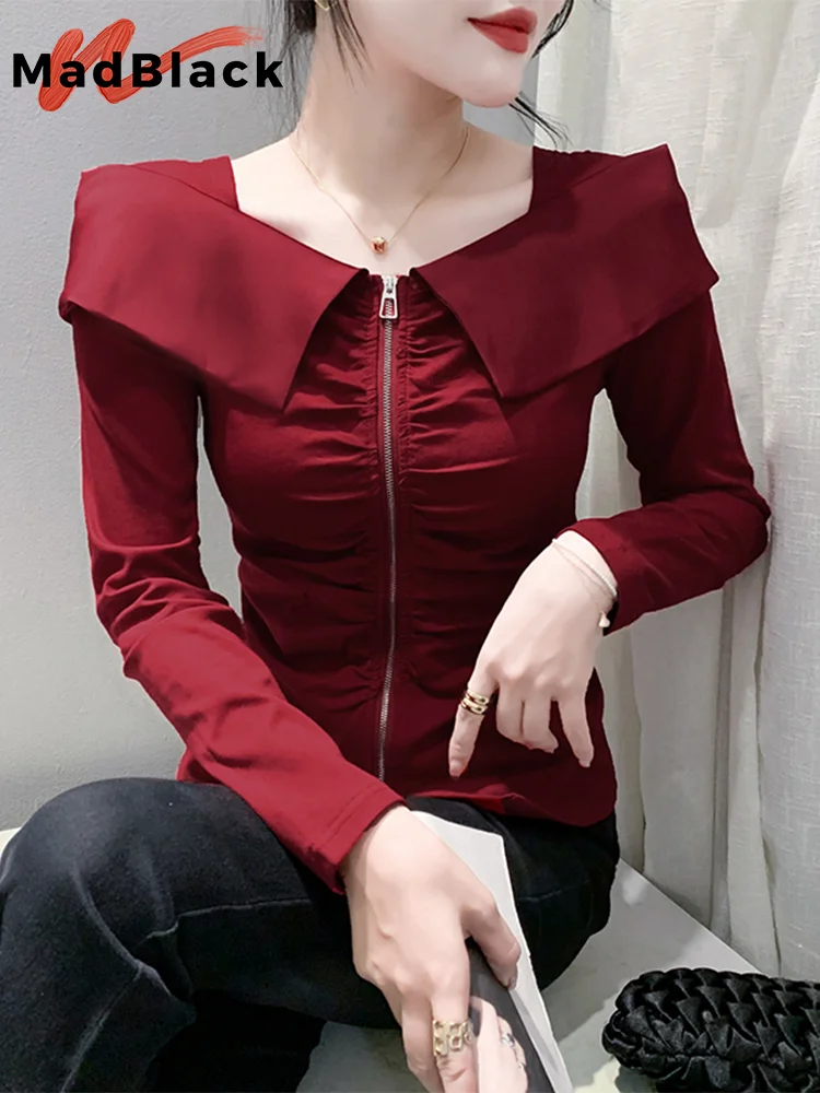 

MadBlack European Clothes T-Shirts Women Sexy Zipper Ruffle Collar Slim Cotton Tops Long Sleeves Cardigan Autumn Winter T43112JM