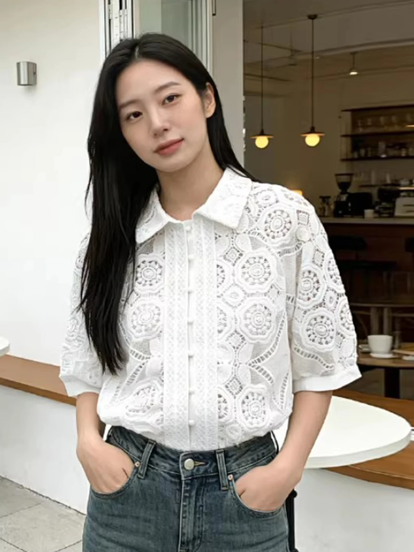 

Летняя женская рубашка Liangliang нового стиля с тяжелой вышивкой, ажурным кружевом, воротником-стойкой, на одной пуговице, с коротким рукавом, повседневная одежда