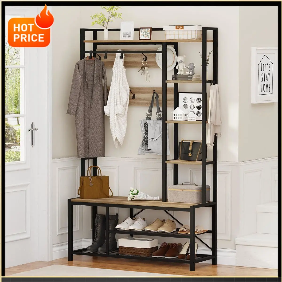 

Бестселлер: Прихожая в стиле фермерского дома, скамья для прихожей с местом для обуви, большая вешалка для одежды с 5-уровневыми открытыми полками