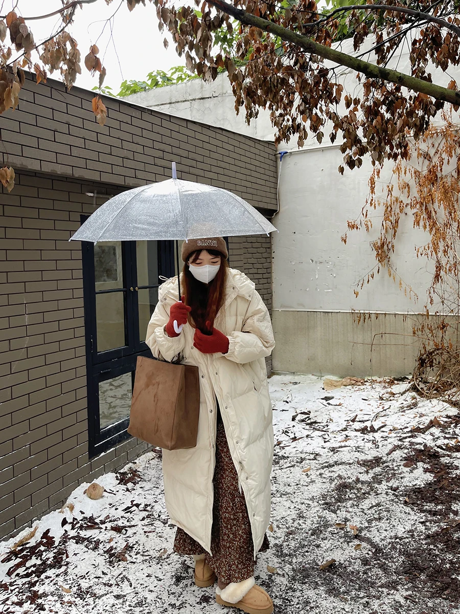 

Women's Mid-Length Over-Knee Hooded down Jaet 90 White Du Feather Warm Outerwear Loose Bread Sle Commute Faion