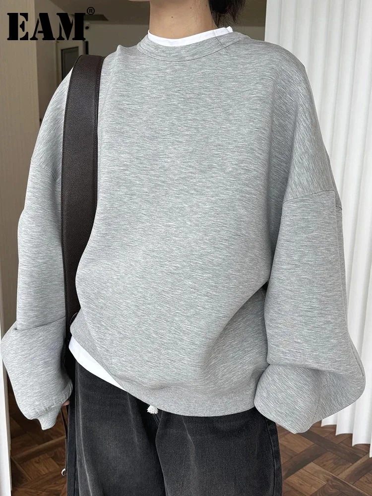 [EAM] Gray Shaped Casual Thick Sweatshirt New Round Neck Long Sleeve Women Big Size Fashion Tide Spring Autumn 2023 1DH7466