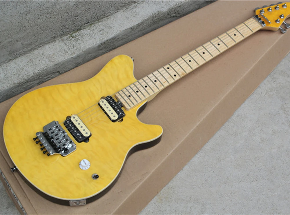 Flyoung Yellow Quilted Maple Top Electric Guitar with Zebra Pickups,Offer Customize