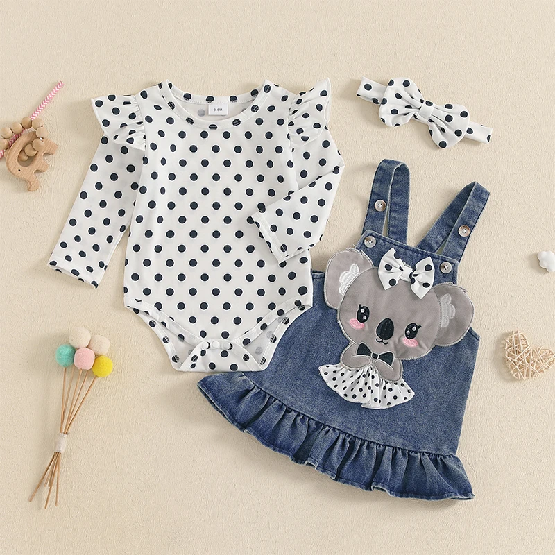 SUNSIOM 0-18Months Baby Girls Clothes Sets Long Sleeve Dots Print Romper Koala Suspender Dress Bow Headband Fall Outfit