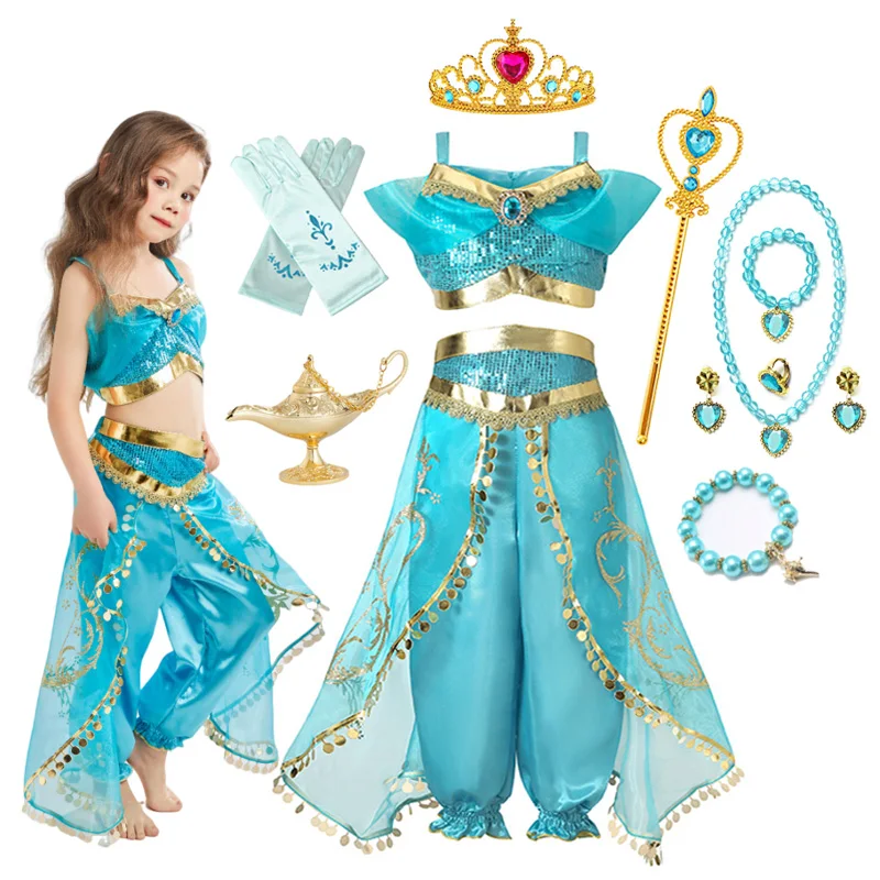 Jasmine Princess kostum pesta ulang tahun anak perempuan, pakaian Cosplay karnaval Aladdin lampu ajaib