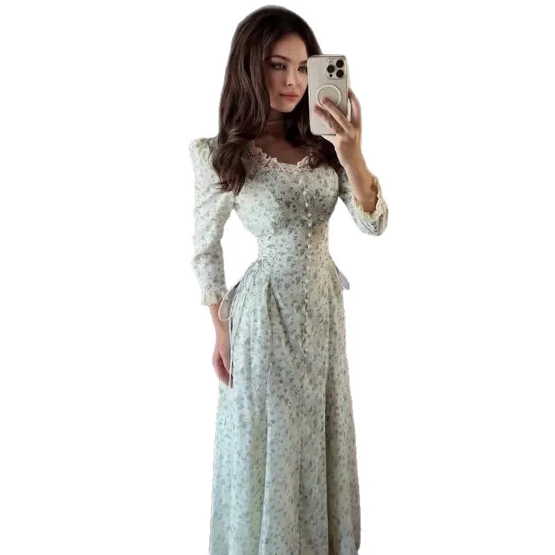 Verão 2025 novo design transfronteiriço u-ne renda floral impressão longa dr feminino malha a linha saia Thiened verão dr