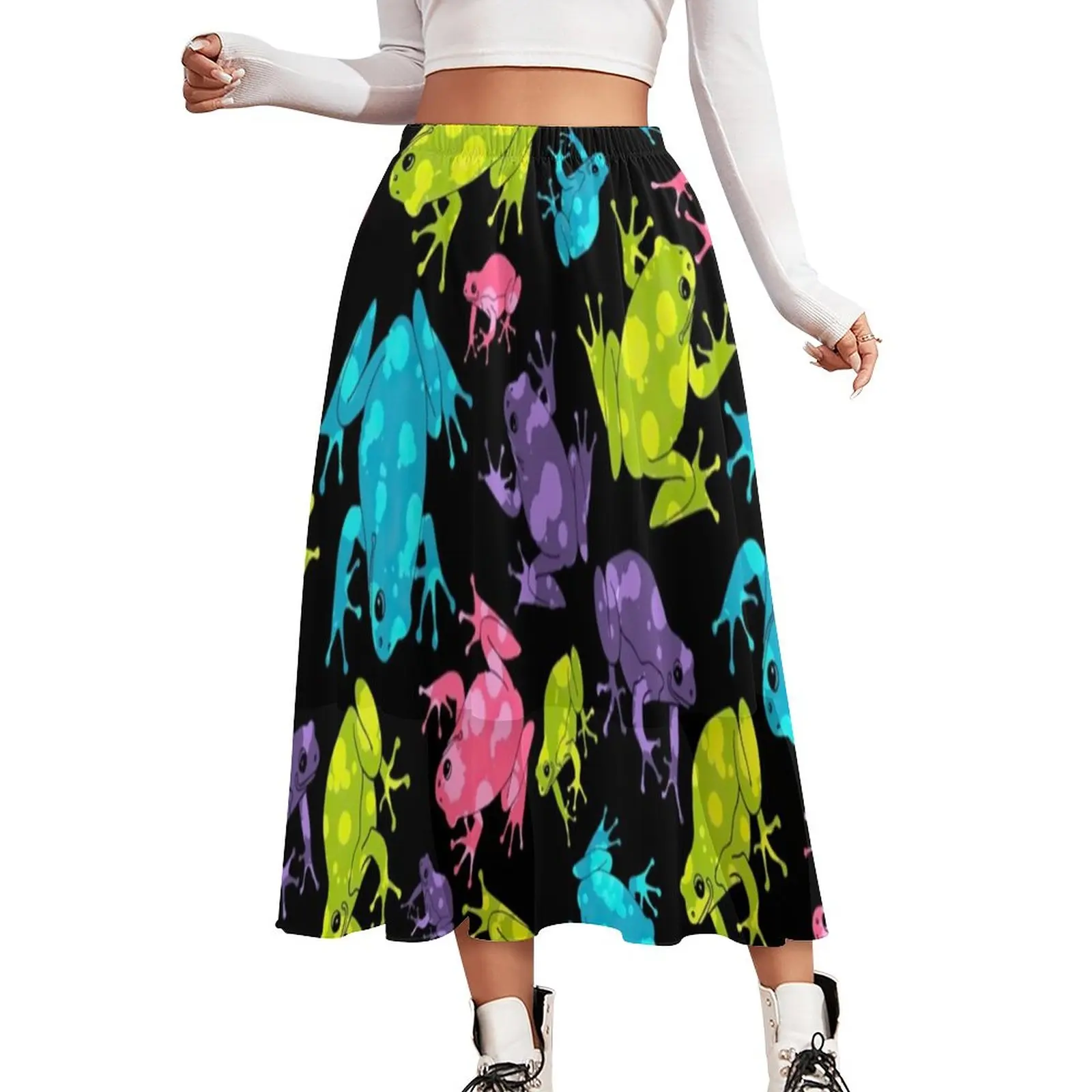 Splash Frog Skirt Female Multicolor Animal Print Retro Long Skirts Printed Elastic Waist Street Style Casual Skirt 2XL 3XL 4XL