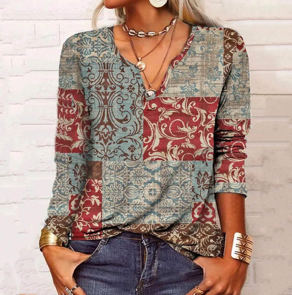 2024 Autumn And Winter Loose Long Sleeved Flower Mang Print  V-neck Pullover Shirt Base Shirt Women's Clothing Fall Blouse Tops