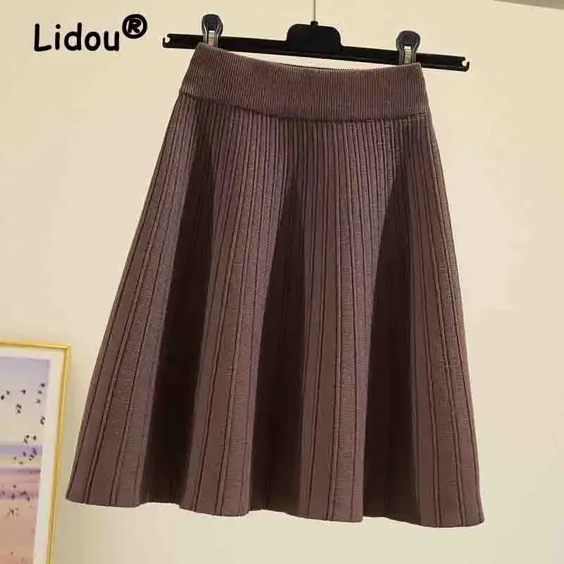 Knitted High Vintage All-Match Skirts For Women Short 2022 New Korean Style Pleated Autumn Chic Women'S Clothing A-Line Skirt