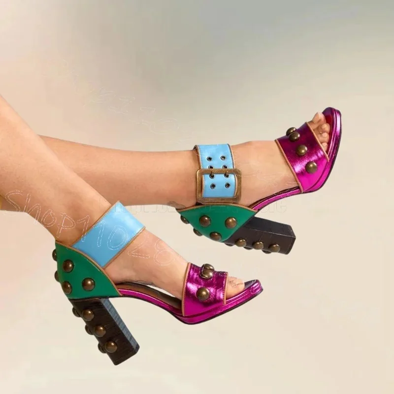 

Colorful Round Rivets Design Open Toe Sandals Buckle Strap Women Shoes Chunky High Heels Party Banquet 2025 Zapatos Para Mujere