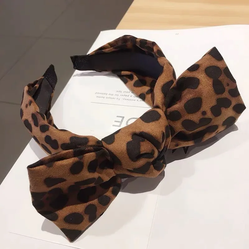 Lazo con estampado de leopardo para mujer, accesorios para el cabello de tela de Boutique, diadema anudada de ala ancha con contraste de Color sólido