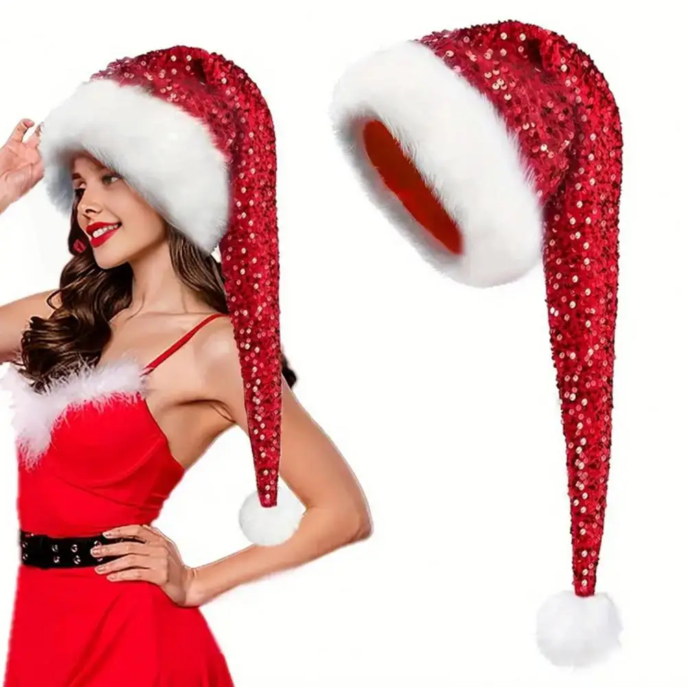 Christmas Santa Hat for Adults, Thicken Soft Velvet Xmas Hat with Sequin Decoration, Long Santa Claus Hat for Holiday Party