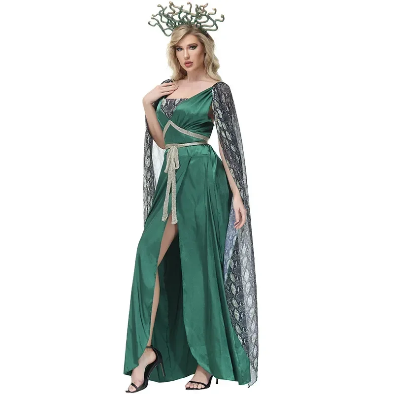 Halloween-Maskerade-Kostüm mit Serpentinenmuster, Schlitzkleid für Frauen, Hexenkleid in Grün, Kopfbedeckung, Umhang, Tüll – Detail 6