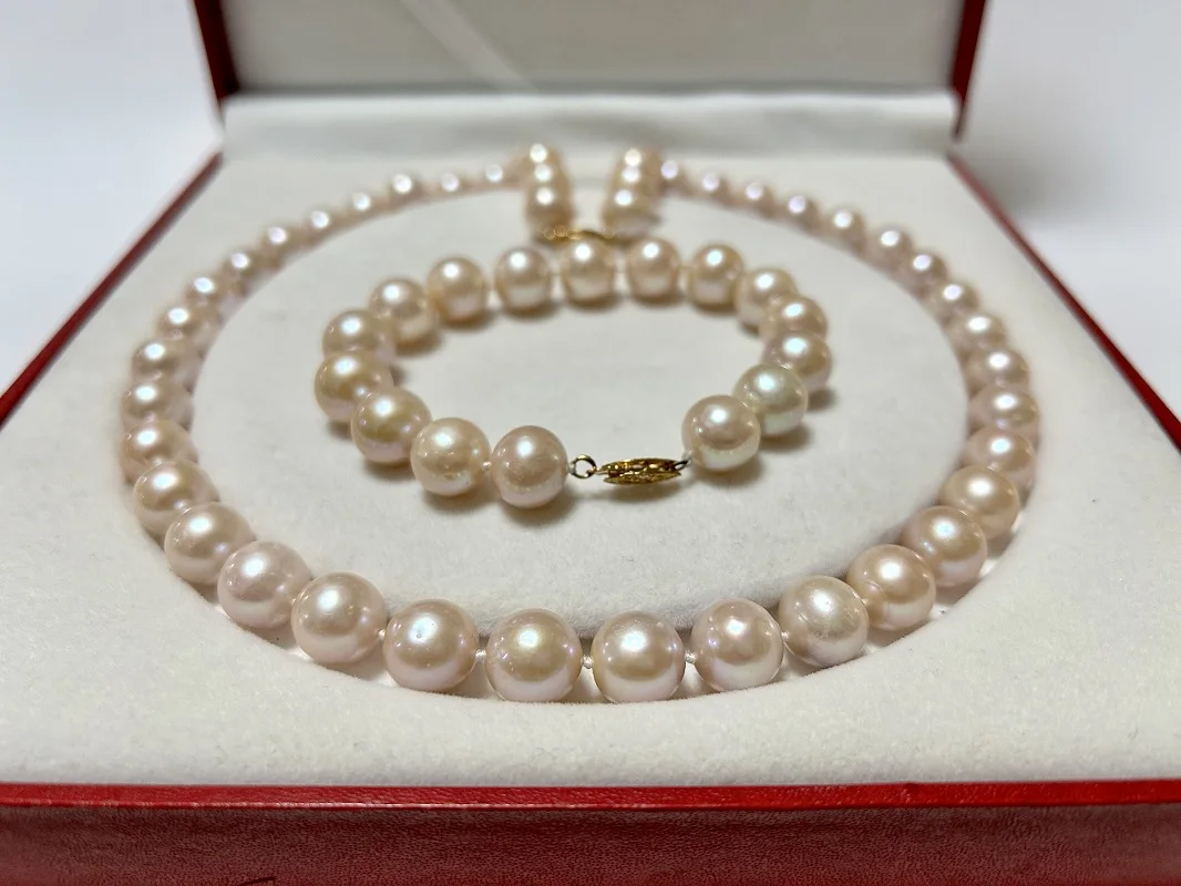 

Fashion Set 17"11-12mm & 7.5"11-12mm Pearl Necklace Pink Nearly Round Beads Fine Jewelry for Women 925 Sterling Silver