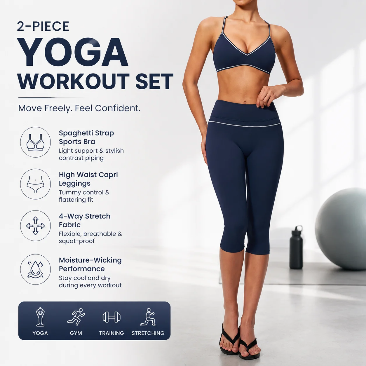Women's Contrast Piping Spaghetti Strap Sports Bra and High Waist Capri Leggings Set 2-Piece Yoga Workout Outfit with Tummy Cont