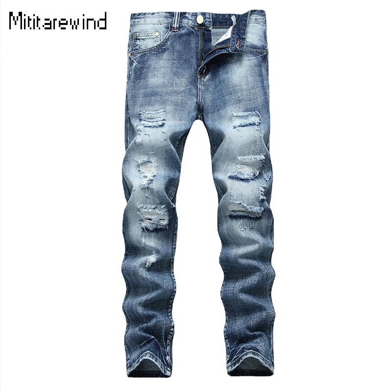 

American Vintage Men Jeans High Street Casual Hole Slim Jeans Cotton Light Blue Denim Trousers Fashionable Classic Man Pants Y2k