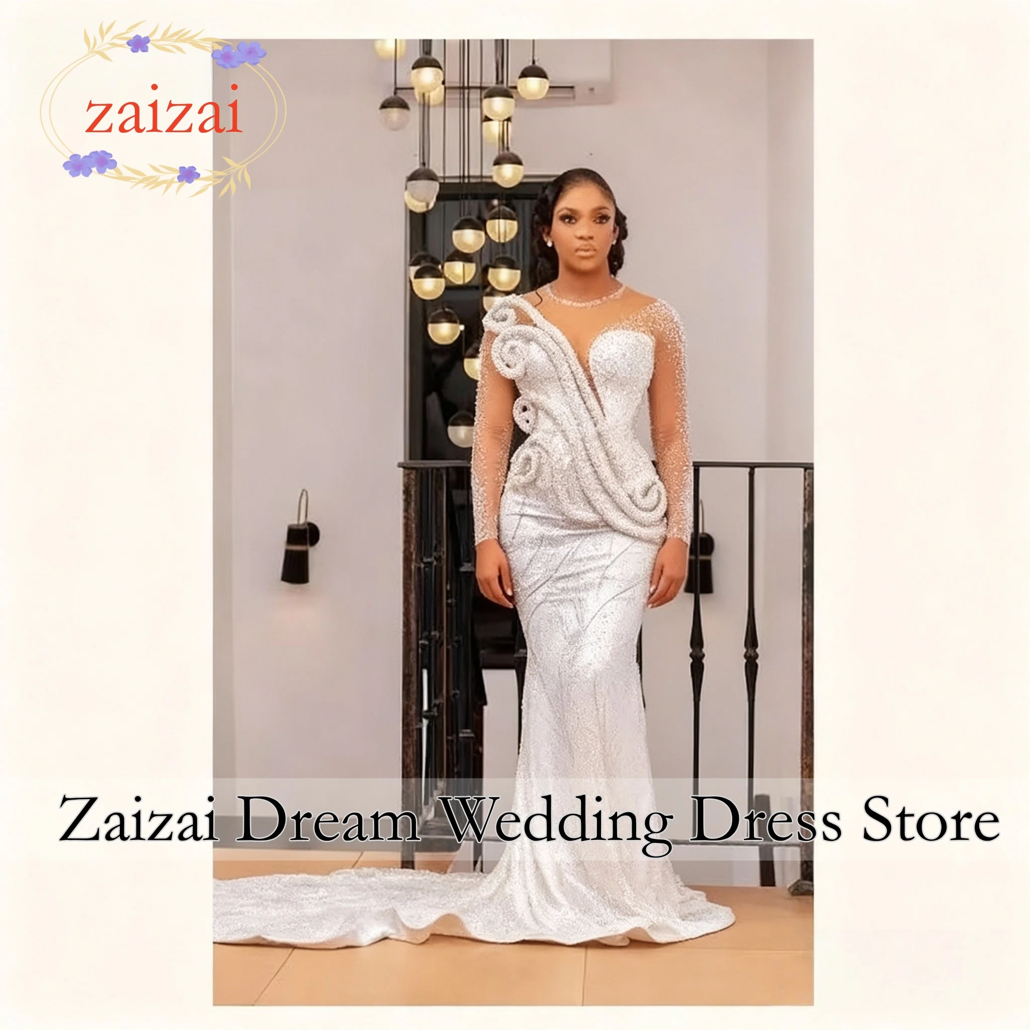 Customized Sheer Neck Shinny Beads Pearls Bridal Gowns Sweep Train Long Sleeves Wedding Dresses amanda novias official