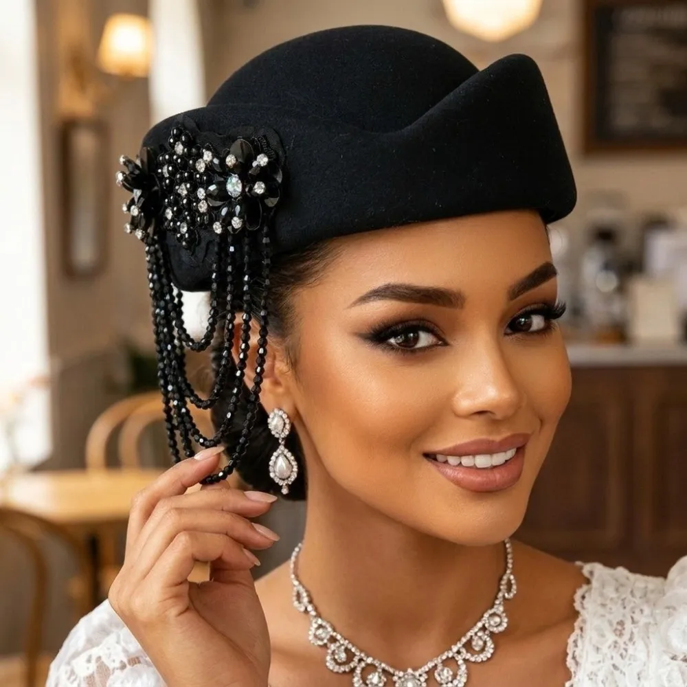 Floral Rhinestone Felt Beret Hat Polyester Lightweight Airline Stewardess Hat Beaded Tassel Classic Formal Dress Hat Banquet