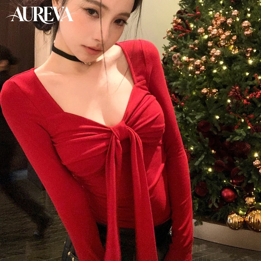 Women Red Bow Long Sleeve T‑Shirt 2026 Autumn New Pure Desire Style Skinny Base Shirt Inner Wear Slim Fit Ladies Tops