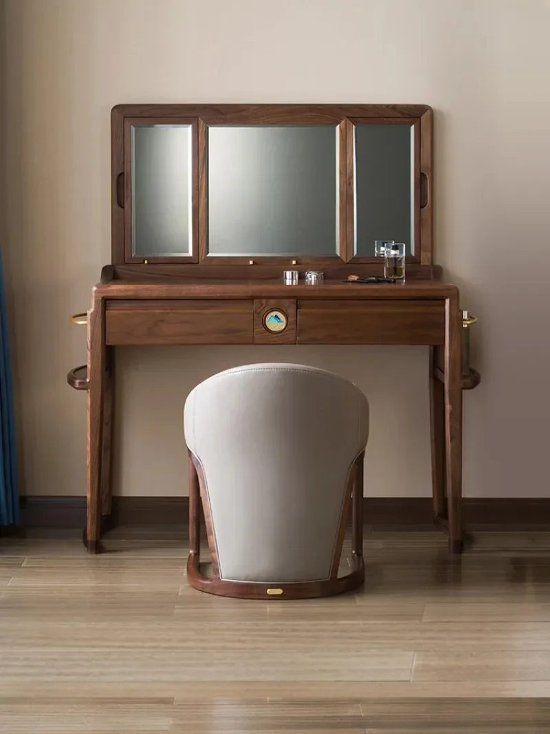 Black walnut solid wood dressing table dressing stool dressing mirror new log furniture