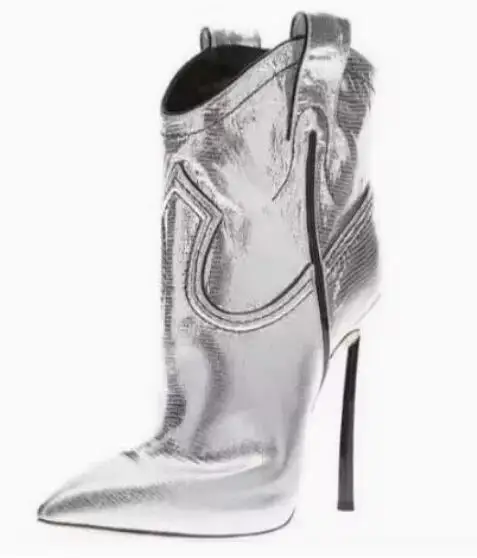 Sliver Gold Leather Pointed Toe Metal Blade Heels Booties Patchwork Slip On Thin Heels Ankle Boots Woman High Heel Shoes Lady
