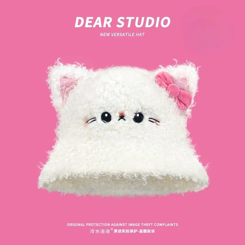 coreano-doce-e-bonito-arco-orelhas-de-gato-la-de-cordeiro-balde-chapeus-outono-e-inverno-quente-versatil-aba-larga-bacia-bone-para-mulher