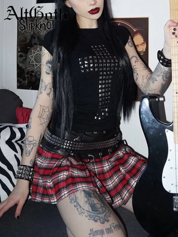 

AltGoth Cyber Punk Y2k Готическая футболка Женская уличная одежда Harajuku Гранж с перекрестным принтом и короткими рукавами с круглым вырезом Базовые укороченные футболки Femme